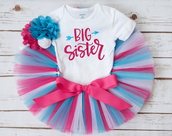 Gender reveal big sister outfit "Photo Punks" pink, blue tutu, shirt, headband set