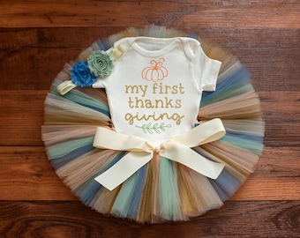 Tenue Mon premier Thanksgiving pastel pour bébé fille - ensemble tutu, body, bandeau pour nouveau-né automne
