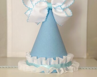 Blue gingham and bows girls first birthday party hat