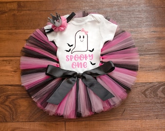 Spooky One Outfit - Pink Halloween Ghost first birthday tutu, bodysuit, headband set