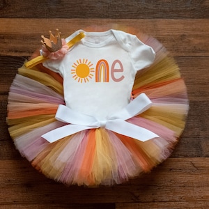 First trip around the sun birthday outfit &#39;Sunset&#39; one year of sunshine birthday outfit girl, one in the sun rainbow, cake smash tutu