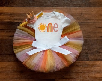 First trip around the sun birthday outfit 'Sunset' sun rainbow cake smash - pink, orange, yellow