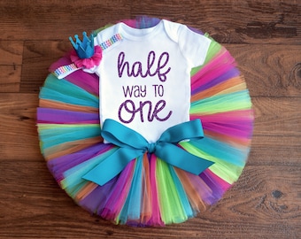 Half way to one outfit baby girl 'Teresa' rainbow half birthday tutu set, 6 month birthday, rainbow tutu outfit, half birthday outfit girl