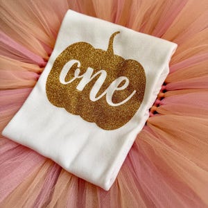 May include: A white t-shirt featuring a gold glitter pumpkin graphic with the word one written in white script across the center, placed on top of a layered tulle skirt in shades of light pink, peach, and soft orange fabric.