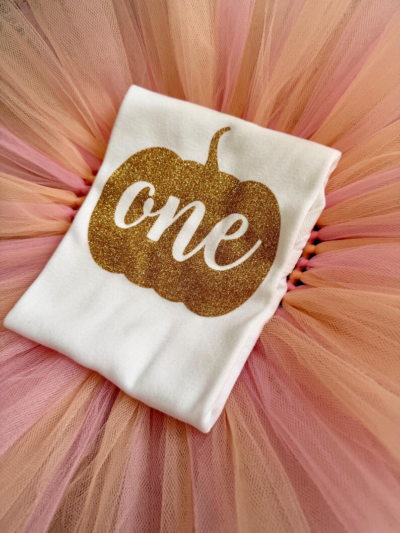 May include: A white t-shirt featuring a gold glitter pumpkin graphic with the word one written in white script across the center, placed on top of a layered tulle skirt in shades of light pink, peach, and soft orange fabric.