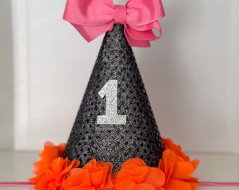 Halloween birthday hat in pink, black, and orange