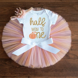 Fall pumpkin half way to one outfit girl &#39;Summer&#39; Halloween 6 month photo outfit girl, little pumpkin tutu set, 1/2 birthday milestone