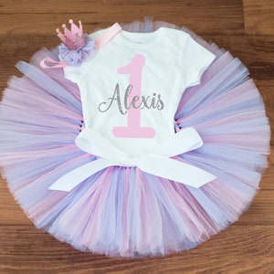 Personalized pastel pink purple first birthday outfit &quot;Evey&quot; cake smash tutu set for girls, toddler birthday, 1st bday shirt with name
