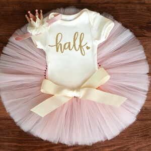 Blush and gold half birthday outfit girl 'Emory' 6 month birthday photo outfit girl blush pink gold, tutu, half birthday shirt tutu set