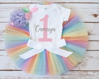 Pastel rainbow first birthday outfit, rainbow baby first birthday outfit girl, rainbow cake smash tutu outfit, pastel first birthday tutu