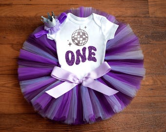 First disco birthday outfit girl 'Aly' purple groovy cake smash tutu set