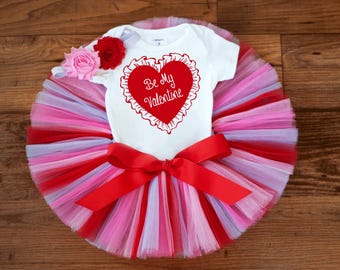 Baby Girl Valentine's Day Outfit "Ellie" Be Mine bodysuit, headband, tutu set