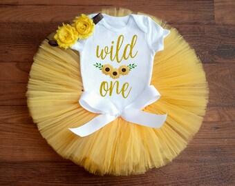Sunflower first birthday outfit girl 'Goldie' wild one sunflower tutu set