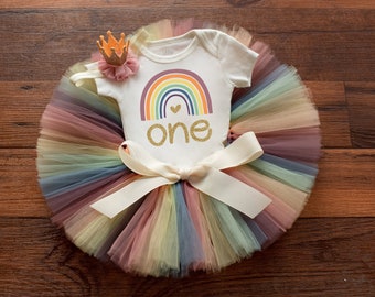 Rainbow baby first birthday outfit girl, muted rainbow cake smash one year photo outfit girl, rainbow of fun first birthday tutu set