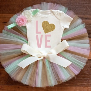 First Valentine outfit baby girl &quot;Nieva Gold&quot; baby girl my first valentines day tutu, newborn valentine outfit