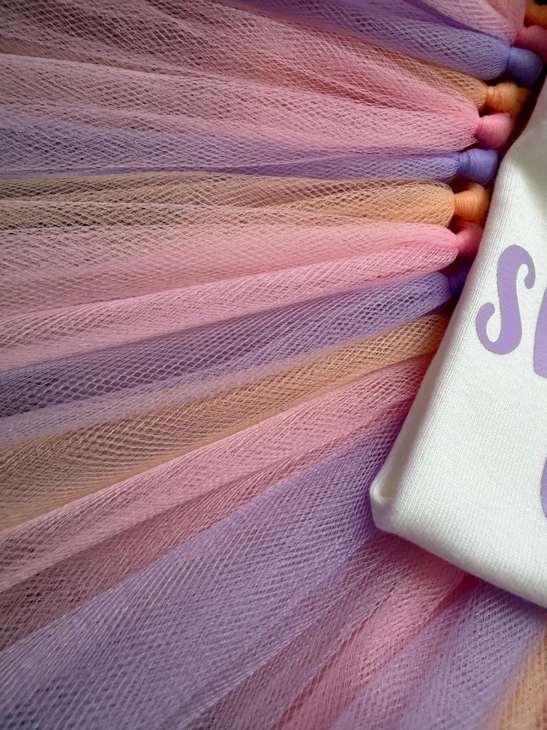 May include: A layered tulle skirt featuring alternating strips of pastel purple, soft pink, and peach fabric. Attached to the side is a white fabric panel with a portion of purple text visible, showing the letter S and part of another character.