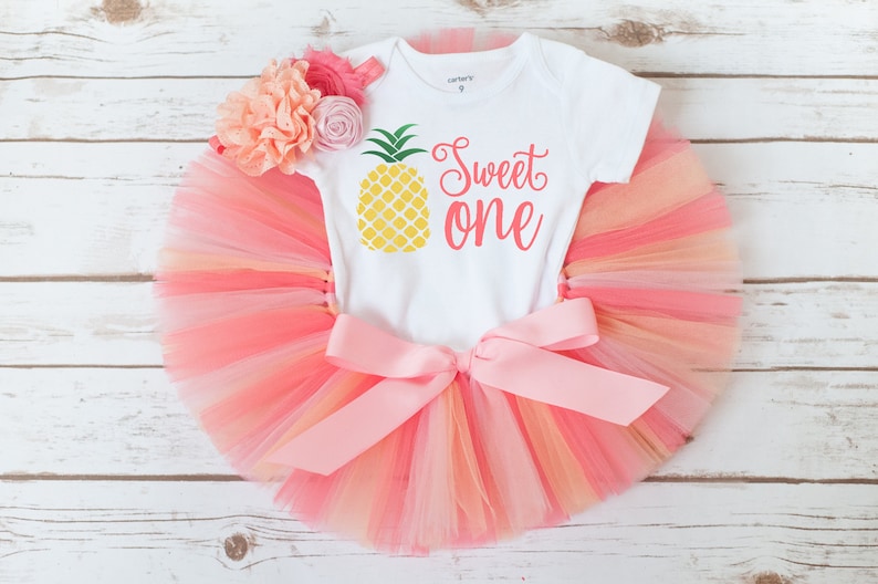 Pineapple sweet one body suit with a tulle skirt for a first birthday outfit