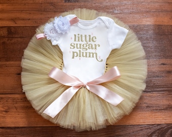 Little sugar plum Christmas outfit 'Belle' Light Gold, Blush Pink tutu, bodysuit, headband set