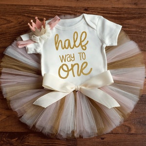 Blush pink and gold halfway to one outfit 'Ella Gold' 6 month photo outfit, half birthday girl, blush pink 6 month birthday tutu set