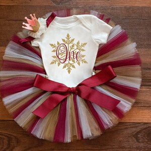 Winter onederland snowflake outfit &quot;Emme&quot; maroon and gold first birthday cake smash outfit girl, Christmas birthday tutu set