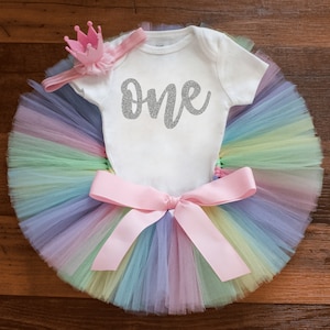 Pastel rainbow bday tutu set 'Kaylyn' girls one birthday outfit - cake smash photoshoot image 1