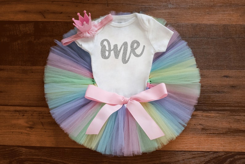 Pastel rainbow bday tutu set 'Kaylyn' girls one birthday outfit - cake smash photoshoot image 1