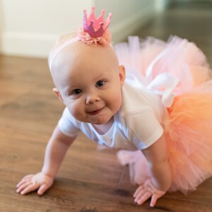 Pastel pumpkin first birthday outfit 'Summer' pink and peach tutu, bodysuit, headband set image 8