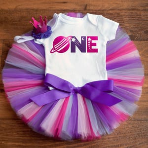 Girls space first birthday outfit &#39;Persephonee&#39; first trip around the sun pink purple birthday outfit, cake smash tutu