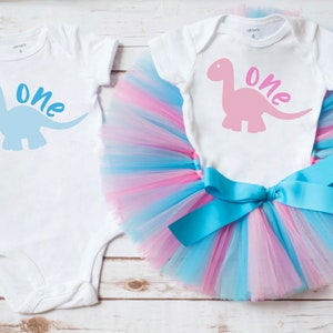 Boy Girl Twin Dinosaur First Birthday Outfits - Prince & Princess Cake Smash Set for Boy Girl Twins