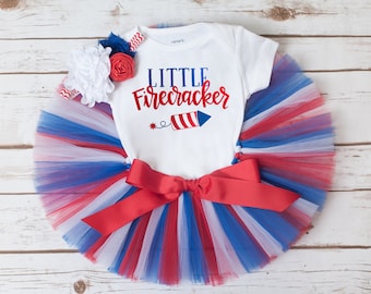 Conjunto de tutú Little Firecracker para bebé niña, atuendo patriótico rojo, blanco y azul.
