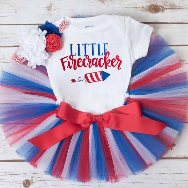 Little firecracker 4th of July outfit girl 'Betsy' firecracker shirt, red white blue tutu set, patriotic newborn baby girl outfit, shirt