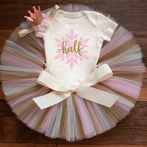 Snowflake half birthday outfit girl &quot;Luca Gold&quot; pink and gold winter 6 month milestone photo outfit, girl Christmas tutu set