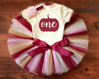 Pink pumpkin first birthday outfit girl 'Joy Gold' autumn cake smash tutu set