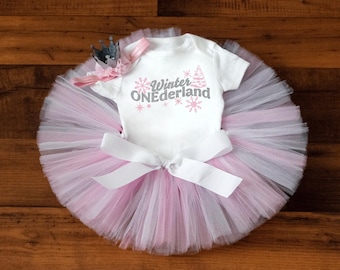 Winter onederland first birthday outfit - pink and white snowflake cake smash