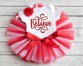 Christmas Outfit baby girl 'Ava' Believe Christmas tutu outfit, first Christmas outfit girl, baby Christmas outfit, girls Christmas tutu set