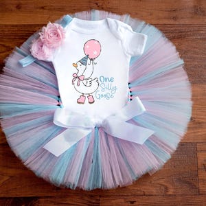 One Silly Goose First Birthday Outfit Girl &#39;Cotton Candy&#39; duck first birthday, pink and blue vintage goose tutu set, cake smash outfit