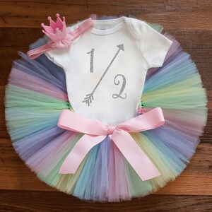 Pastel rainbow half birthday outfit 'Kaylyn' unicorn rainbow half birthday tutu set, 6 month milestone photo outfit