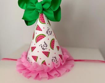 One in a Melon party hat for girls - pink and green watermelon theme