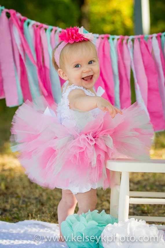 Pink and mint custom first birthday cake smash outfit girl Cupcake