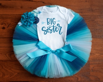 Blue big sister outfit for girls "Skye" baby brother reveal shirt, tutu, headband set