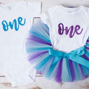 Twins First Birthday Outfit &#39;Audrey&#39; Cake Smash Purple & Blue Boy Girl Twin birthday tutu set