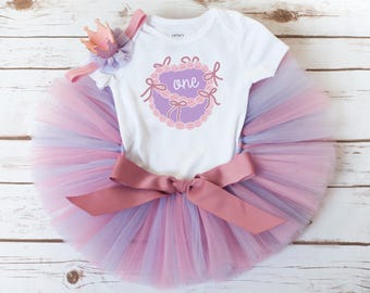 Vintage Heart Cake First Birthday Outfit "Teagan" coquette bows - mauve and lavender