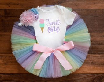 Ice Cream birthday outfit 'Kaylyn' pastel rainbow tutu, bodysuit, headband set