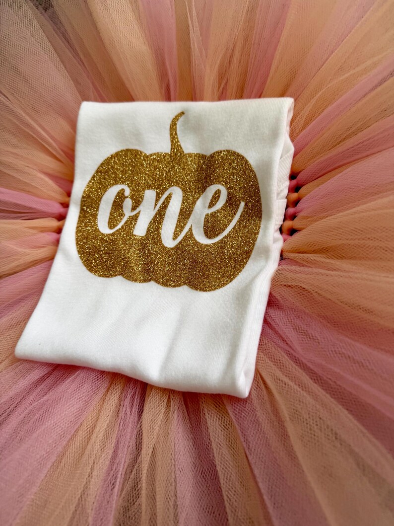 May include: A white t-shirt featuring a gold glitter pumpkin graphic with the word one written in white script across the center, placed on top of a layered tulle skirt in shades of light pink, peach, and soft orange.