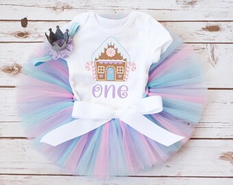 Gingerbread house Oh What Fun First Birthday outfit "Wendy" Pastel winter cake smash set