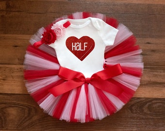 Valentines baby girl candy heart half birthday outfit "lovebug" 6 month birthday tutu set, first valentines day baby outfit sweetheart