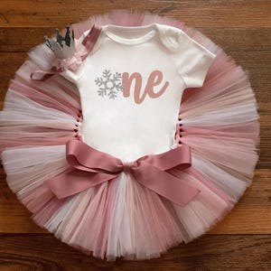 Winter onederland birthday outfit girl, muted pinks cake smash outfit, little snowflake first bday tutu set
