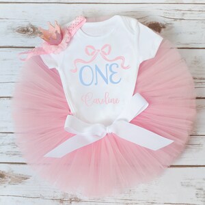 Pink bow coquette first birthday outfit girl &#39;Kristin&#39; bowtiful one preppy first birthday cake smash, heirloom bow tutu set