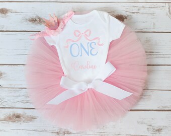 Pink bow first birthday outfit girl 'Kristin' classic pink and white birthday outfit girl, bow birthday, grandmillenial birthday, coquette