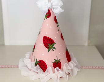 Strawberry first birthday party hat - pink gingham - one berry sweet girl